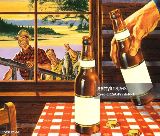 fishermen enjoying the great outdoors and beer - beer label stock illustrations