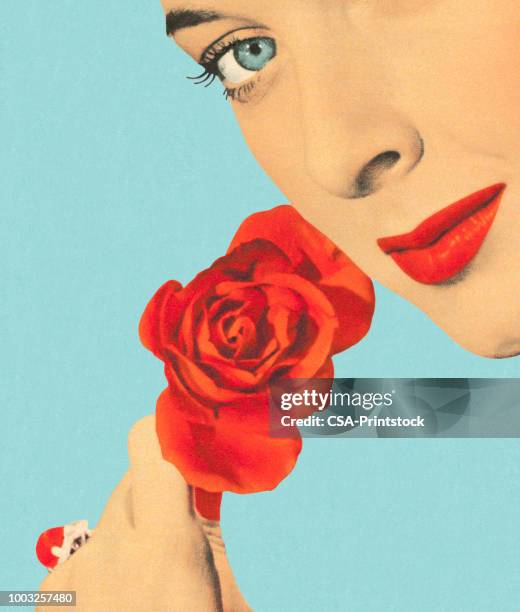 frau hält eine rose - rose red stock-grafiken, -clipart, -cartoons und -symbole