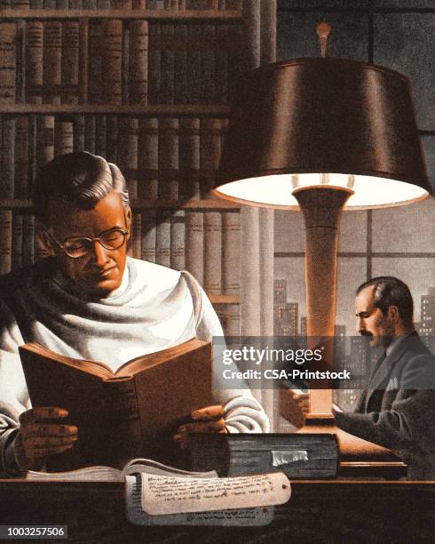 two professional men studying in a library - medical library stock illustrations