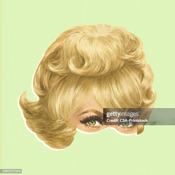 ilustraciones, imágenes clip art, dibujos animados e iconos de stock de peluca rubia - peluca