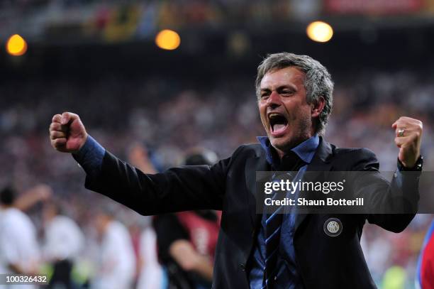 Head coach Jose Mourinho of Inter Milan celebrates his team's victory at the end of the UEFA Champions League Final match between FC Bayern Muenchen...