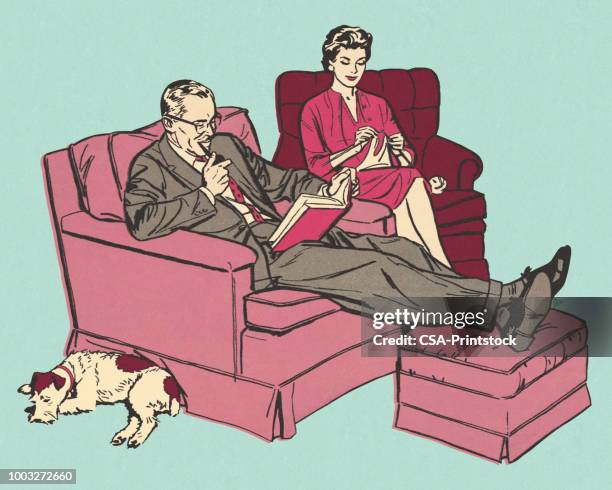 husband and wife relaxing in chairs - husband stock illustrations