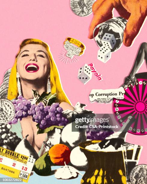 ilustraciones, imágenes clip art, dibujos animados e iconos de stock de mujer riendo en las vegas - collage