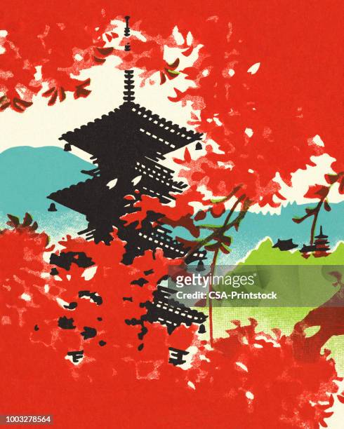 bildbanksillustrationer, clip art samt tecknat material och ikoner med pagoda visar genom cherry blossoms - japanese pagoda