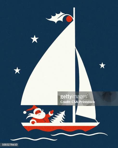ilustrações, clipart, desenhos animados e ícones de papai noel em um veleiro - barco a vela
