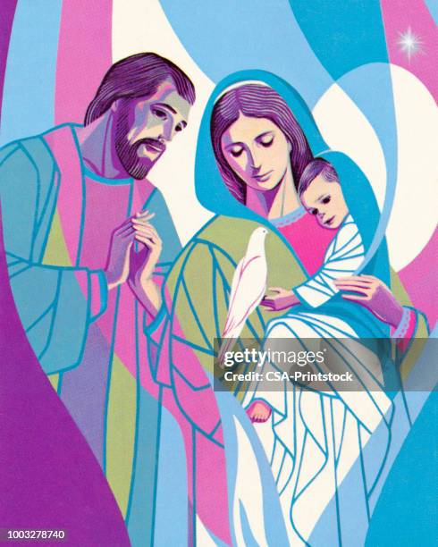 ilustraciones, imágenes clip art, dibujos animados e iconos de stock de joseph y jesus, mary, - virgin mary