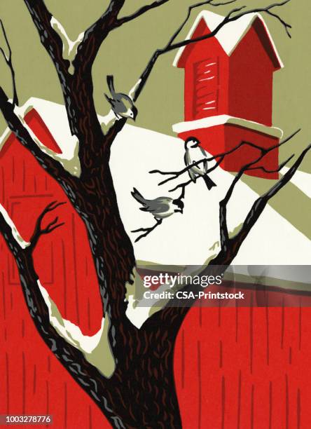 red barn and a tree in winter - red barn stock illustrations