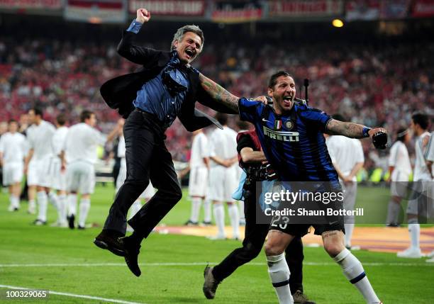 Head coach Jose Mourinho and Marco Materazzi of Inter Milan celebrate their team's victory at the end of the UEFA Champions League Final match...