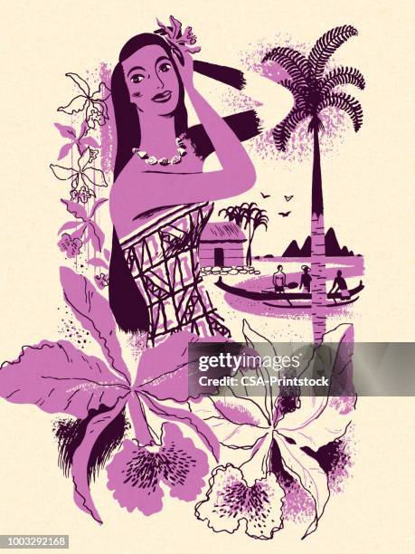 stockillustraties, clipart, cartoons en iconen met hawaiiaanse vrouw en bloemen - polynesische etniciteit