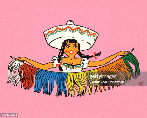 illustrations, cliparts, dessins animés et icônes de femme mexicaine, tenant une bannière color�ée - chapeau mexicain