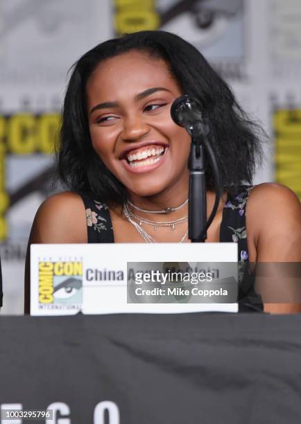 China Anne McClain speaks onstage at the "Black Lightning" Special Video Presentation and Q&A during Comic-Con International 2018 at San Diego...