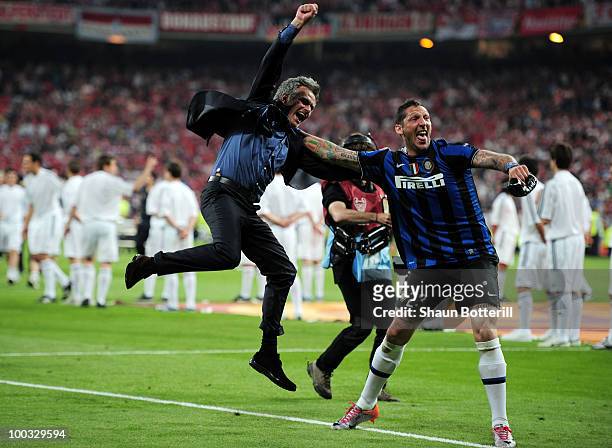 Head coach Jose Mourinho and Marco Materazzi of Inter Milan celebrate their team's victory at the end of the UEFA Champions League Final match...