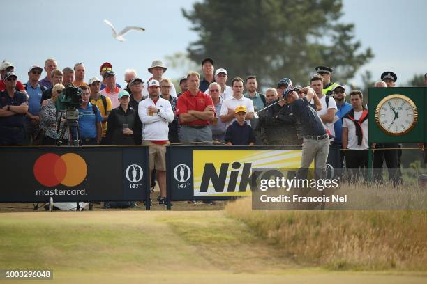 Kevin Kisner of the United States plays his shot from the 15th tee during the third round of the 147th Open Championship at Carnoustie Golf Club on...