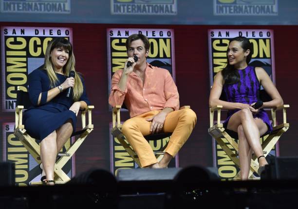 Director Patty Jenkins, Chris Pine and Gal Gadot participate in the Warner Bros. Theatrical Panel for "Wonder Woman 1984" during Comic Con in San...