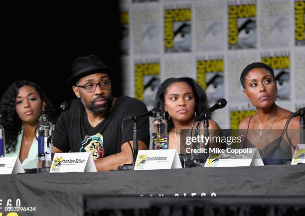 Nafessa Williams, Cress Williams, China Anne McClain, and Christine Adams speak onstage at the "Black Lightning" Special Video Presentation and Q&A...