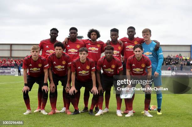 The Manchester United starting XI pose for a team photograph during the u19 NI Super Cup gala match at Coleraine Showgrounds on July 21, 2018 in...
