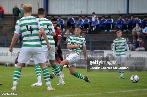 Ethan Laird of Manchester United scores during the u19 NI Super Cup gala match at Coleraine Showgrounds on July 21, 2018 in Coleraine, Northern...