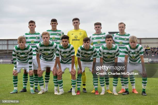The Celtic starting XI pose for a team photograph during the u19 NI Super Cup gala match at Coleraine Showgrounds on July 21, 2018 in Coleraine,...