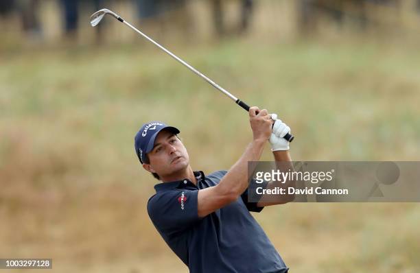 Kevin Kisner of the United States plays his second shot on the 18th hole during the third round of the 147th Open Championship at Carnoustie Golf...