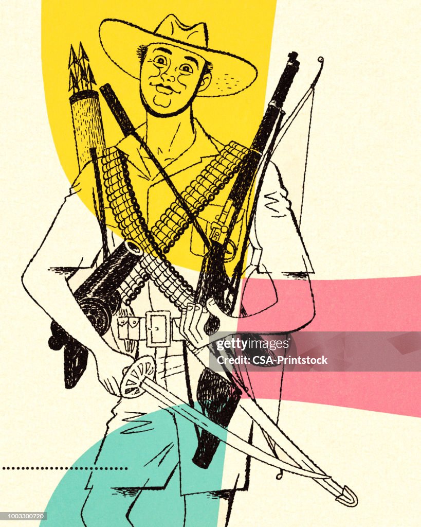 Man Holding Many Weapons