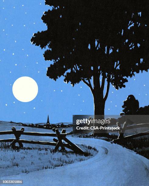 country road and full moon - moonlight stock illustrations