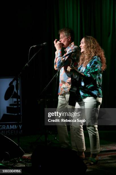 Scott Billington and Johnette Downing perform at Swamp Romp: Louisiana Roots Music for Families at The GRAMMY Museum on July 21, 2018 in Los Angeles,...