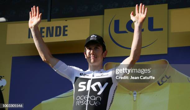 Geraint Thomas of Great Britain and Team Sky retains the yellow jersey of race's leader following stage 14 of Le Tour de France 2018 between Saint...