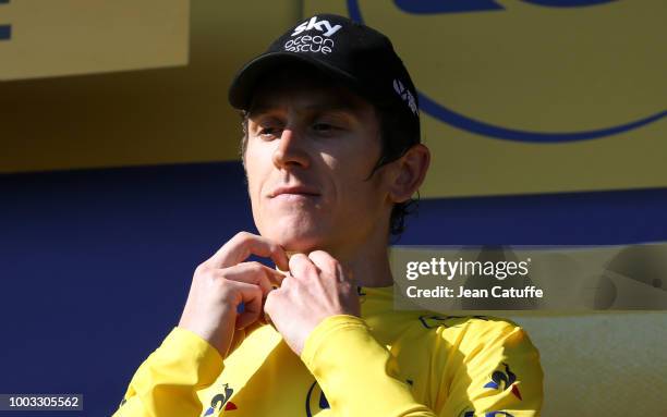 Geraint Thomas of Great Britain and Team Sky retains the yellow jersey of race's leader following stage 14 of Le Tour de France 2018 between Saint...