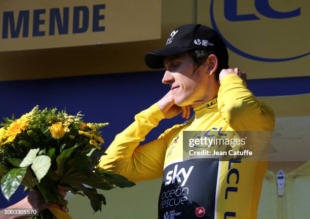 Geraint Thomas of Great Britain and Team Sky retains the yellow jersey of race's leader following stage 14 of Le Tour de France 2018 between Saint...