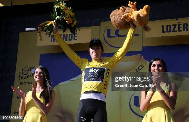 Geraint Thomas of Great Britain and Team Sky retains the yellow jersey of race's leader following stage 14 of Le Tour de France 2018 between Saint...