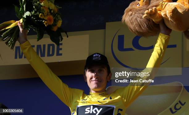 Geraint Thomas of Great Britain and Team Sky retains the yellow jersey of race's leader following stage 14 of Le Tour de France 2018 between Saint...