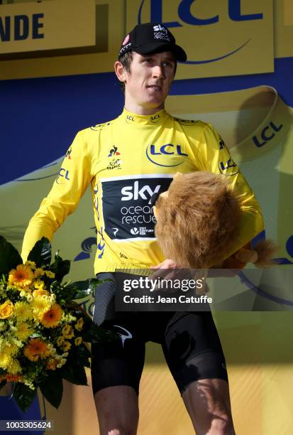 Geraint Thomas of Great Britain and Team Sky retains the yellow jersey of race's leader following stage 14 of Le Tour de France 2018 between Saint...