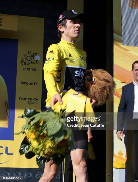 Geraint Thomas of Great Britain and Team Sky retains the yellow jersey of race's leader following stage 14 of Le Tour de France 2018 between Saint...