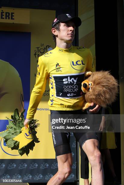 Geraint Thomas of Great Britain and Team Sky retains the yellow jersey of race's leader following stage 14 of Le Tour de France 2018 between Saint...