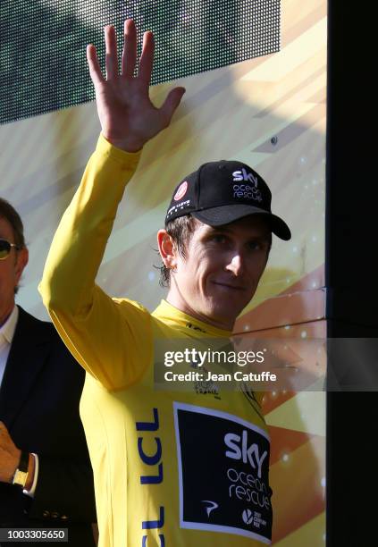 Geraint Thomas of Great Britain and Team Sky retains the yellow jersey of race's leader following stage 14 of Le Tour de France 2018 between Saint...