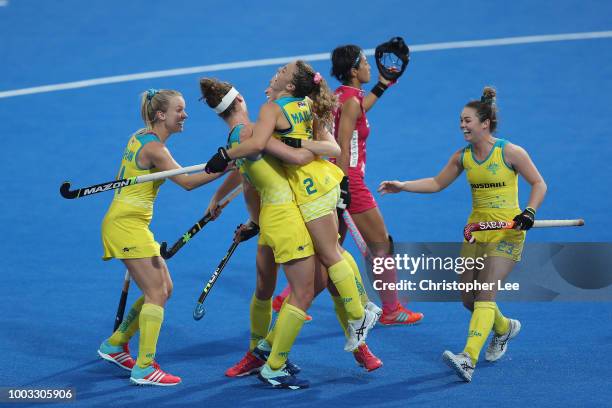 Ambrosia Malone of Australia celebrates scoring their second goal during the Pool D game between Australia and Japan of the FIH Womens Hockey World...