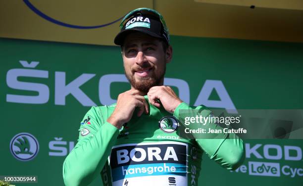 Peter Sagan of Slovakia and Team Bora-Hansgrohe retains the green jersey of best sprinter following stage 14 of Le Tour de France 2018 between Saint...