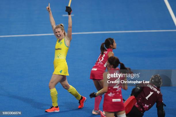 Emily Hurtz of Australia celebrates scoring their second goal during the Pool D game between Australia and Japan of the FIH Womens Hockey World Cup...