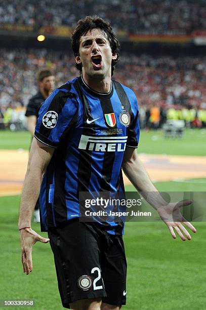 Diego Milito of Inter Milan celebrates his team victory at the end of the UEFA Champions League Final match between FC Bayern Muenchen and Inter...