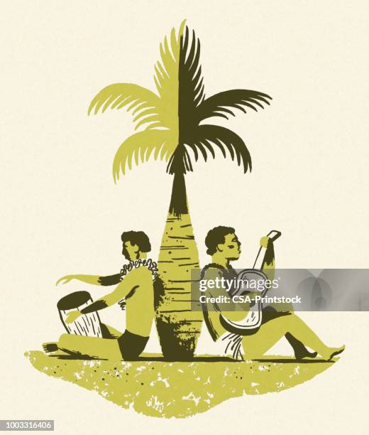 zwei menschen sitzen unter einer palme - tropical music stock-grafiken, -clipart, -cartoons und -symbole