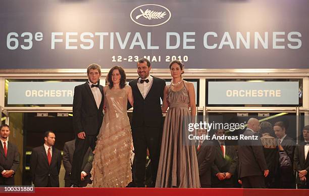 Actor Rudolf Frecska, actress Kitty Csikos, director Kornel Mundruczo and guest attend the "Tender Son - The Frankenstein Project" Premiere at the...