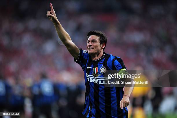 Javier Zanetti of Inter Milan celebrates his team victory at the end of the UEFA Champions League Final match between FC Bayern Muenchen and Inter...