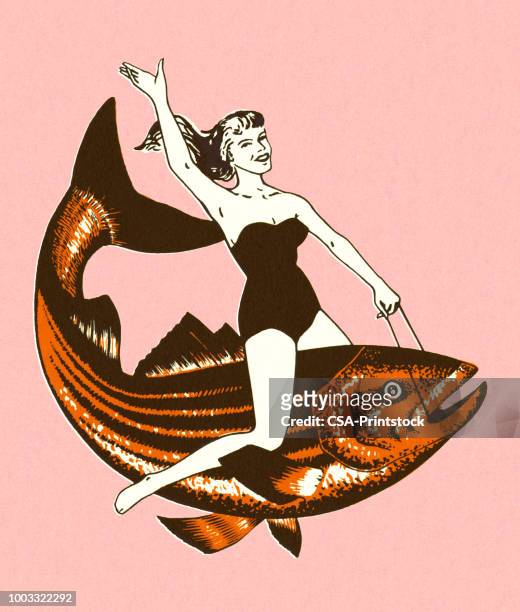 woman riding a fish - riding stock illustrations