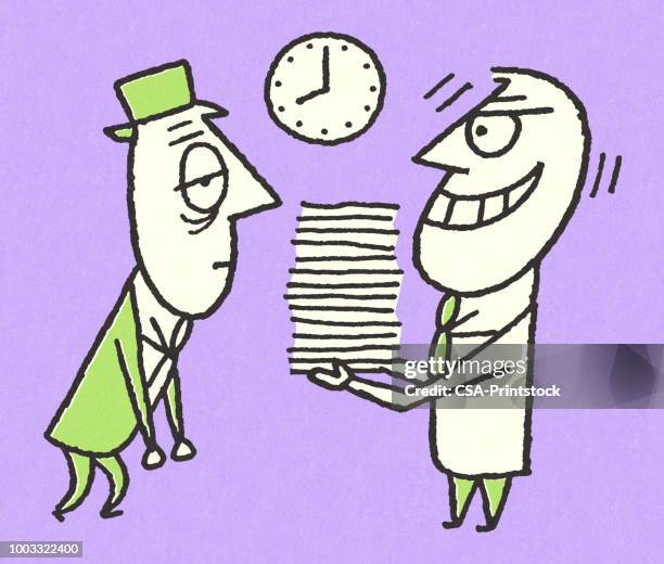 two businessmen and a stack of paperwork - tire stack stock illustrations