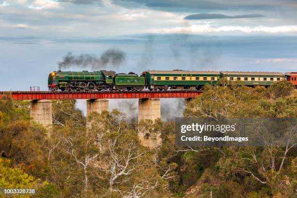 steamranger southern encounter tourist train with steam locomotive 621 crossing currency creek bridge - steam train side view stock pictures, royalty-free photos & images