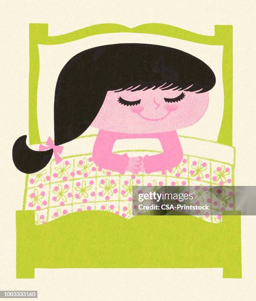 happy girl sleeping in bed - child asleep in bedroom at night stock illustrations