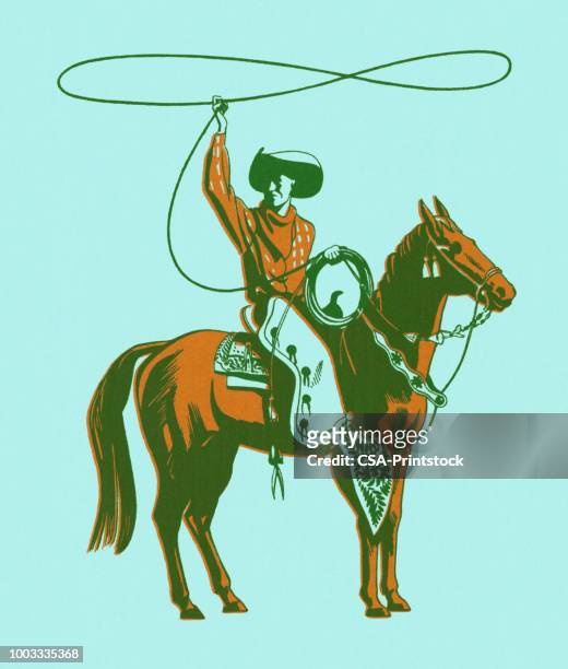 ilustraciones, imágenes clip art, dibujos animados e iconos de stock de vaquero a caballo por un lazo - cowboy