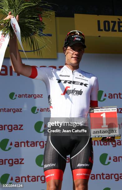 Jasper Stuyven of Belgium and Team Trek Segafredo receives the award for stages best combativity following stage 14 of Le Tour de France 2018 between...