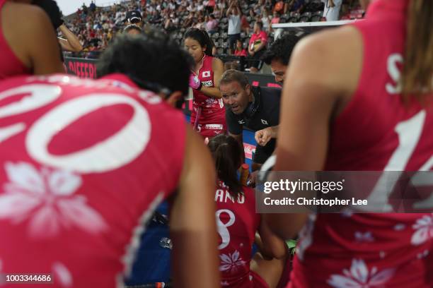 Head Coach Anthony Farry of Japan talks to his players during the Pool D game between Australia and Japan of the FIH Womens Hockey World Cup at Lee...