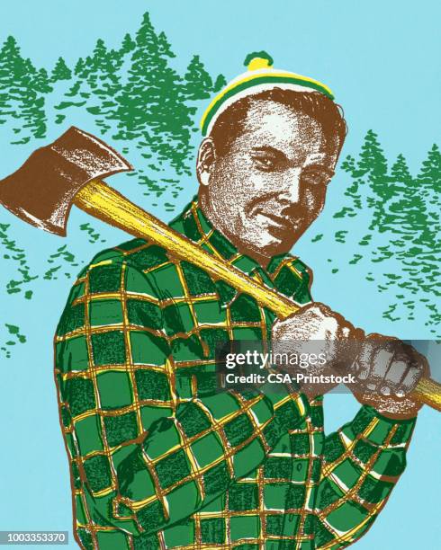 lumberjack holding an ax - lumberjack stock illustrations